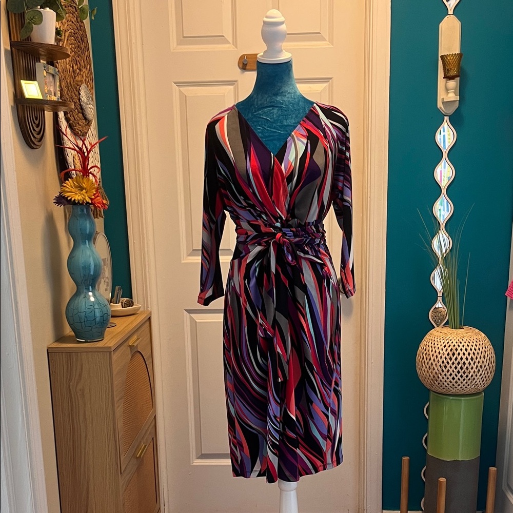 Jones Studio Multicolor Wrap Dress in Black, Pink, Purple and Blue